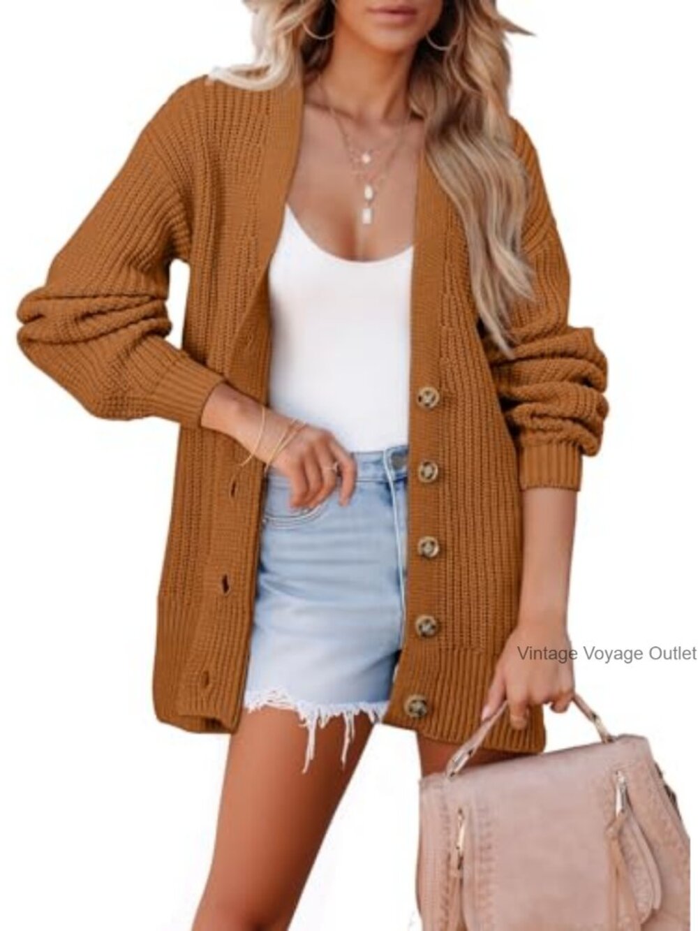 Oversized Open Front Button Long Lantern Sleeve Knit Chunky Cardigan